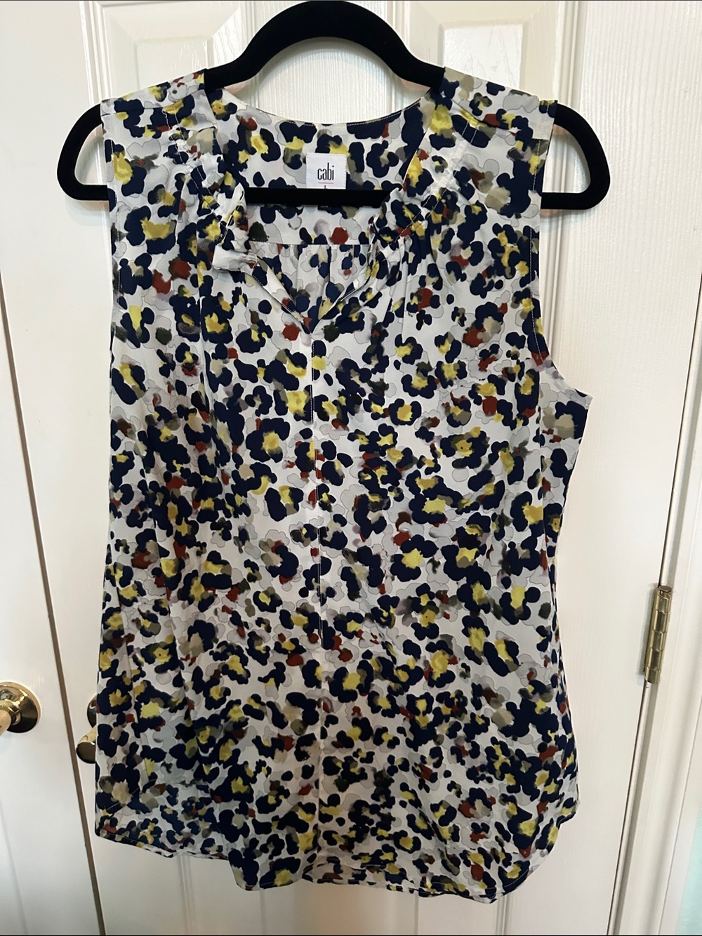 CAbi White Multi Printed Sleeveless V-Neck Shell